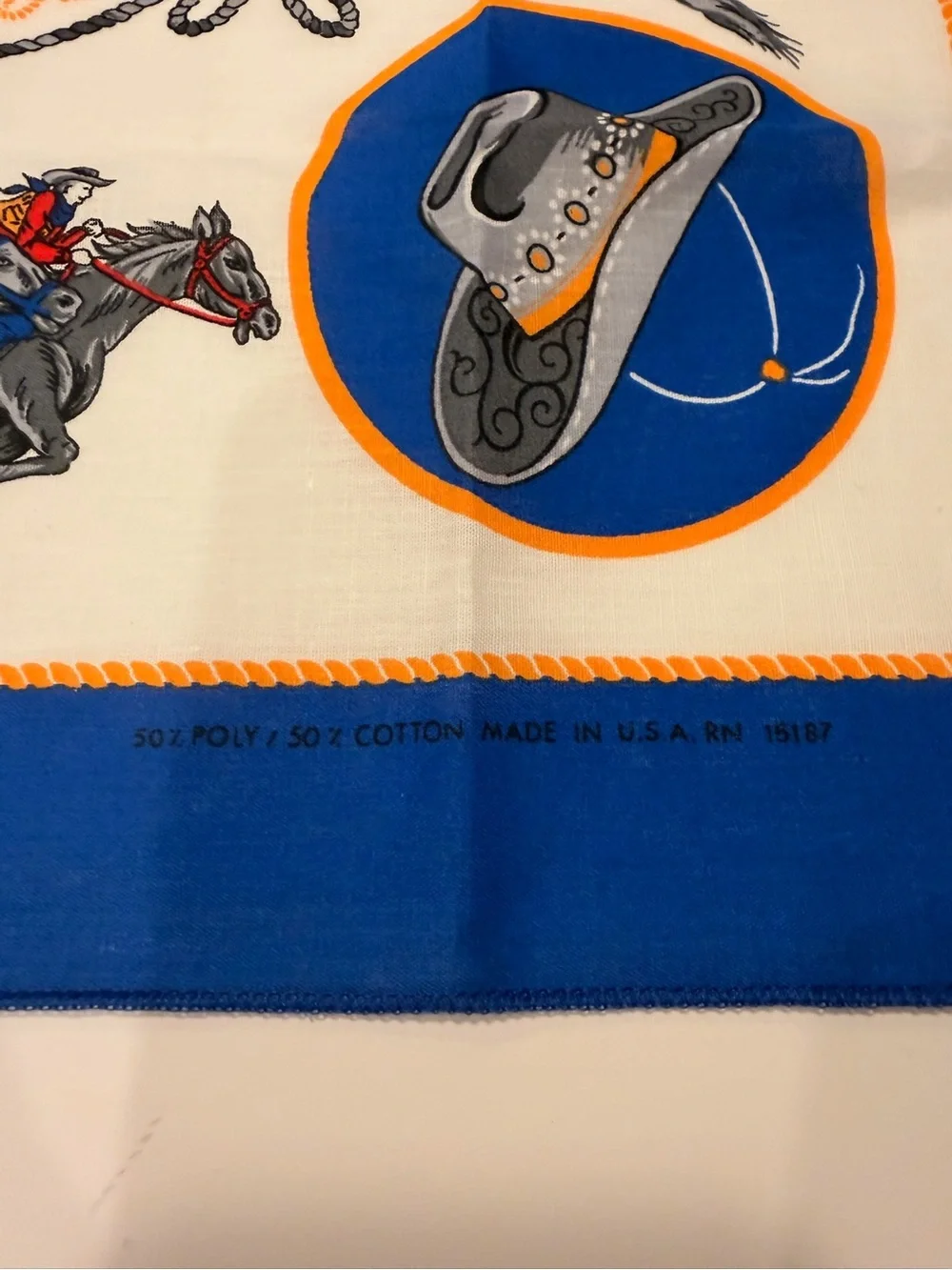 Vintage Wrangler Rodeo Western Bandana Scarf Cowboy Horse rope Blue White gold